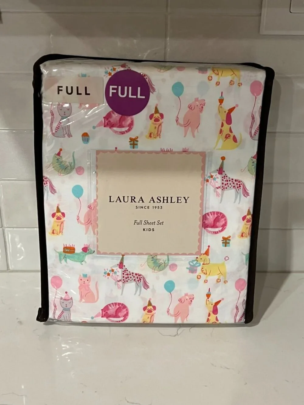 LAURA ASHLEY KIDS FULL White PARTY ANIMALS Sheet Set 4pc Dog Cat Pug Dachshund